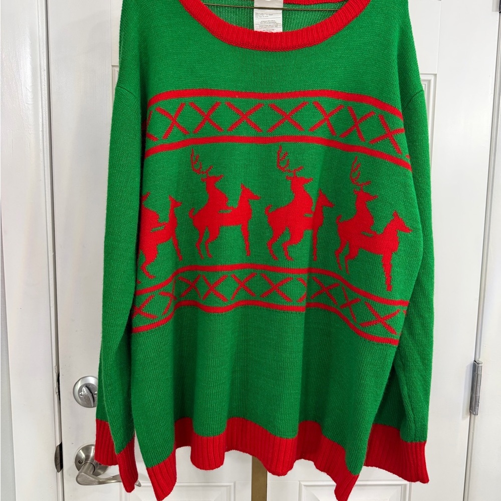 Festive Green and Red Reindeer Sweater